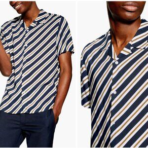 Topman Men's Collared Shirt Short Sleeve Botton Down Blue White Print Small